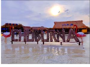 a wooden sign on a beach with flamingos on it at Hotel Chuburna in Chuburná +1 photo
