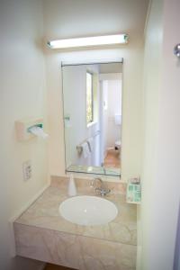 Un baño con lavabo y un espejo grande. en The Coast Motel, en Timaru 37 fotos más