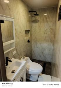 a bathroom with a white toilet and a sink at Hospedaje Búho's E in Guayaquil