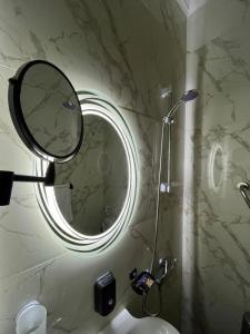 カイロにあるCairo Excellent Location hotelのバスルーム(壁に円形の鏡付)