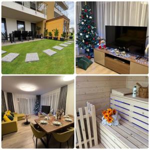 a collage of pictures of a living room with a christmas tree at Karolina - Winter Holidays in Siófok