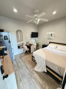 タラハシーにあるCozy Guest house near FSU Trails and the airportのベッドルーム1室(ベッド1台、シーリングファン付)