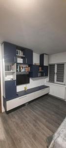 a living room with blue walls and a long couch at Garsoniera Mihaela in Craiova