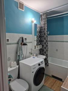 a bathroom with a toilet and a washing machine at Apartament Lidka Zaprasza in Kwidzyn
