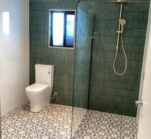 a bathroom with a toilet and a shower at Malanda Falls Retreat in Malanda