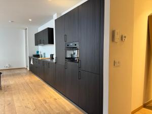 a kitchen with black cabinets and a kitchen appliances at Spacious and Design Loft in Brussels