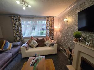 a living room with a couch and a tv at Charming 2 Bed Modern Guest House with Free Parking up to 3 cars in Beeston