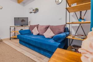 un divano blu con cuscini in un soggiorno di Arctic Apartment a Braşov