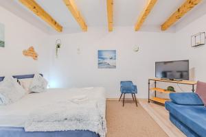 una camera da letto con un letto, un divano e una TV di Arctic Apartment a Braşov