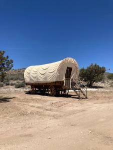 MeadviewにあるGrand Canyon Covered Wagon for Family-Friendly Glamping in Meadview, Arizonaの土の畑の真ん中にある幌馬車