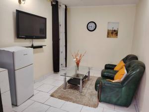 a living room with a green leather couch and a tv at Euro Modern Studios Nkoabang-Yaounde in Yaoundé
