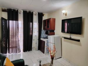 a kitchen with a refrigerator and a tv on the wall at Euro Modern Studios Nkoabang-Yaounde in Yaoundé