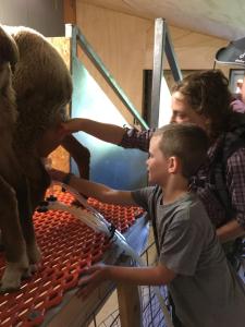 a man and a young boy petting a stuffed animal at Gorgeous Cabin Getaway on a Farm in Windsor County, Vermont in Sheddsville