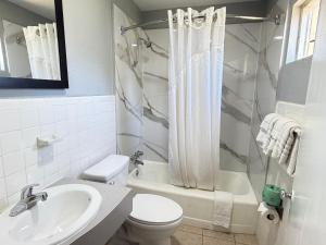 a bathroom with a sink and a toilet and a shower at Budget Inn Port Lavaca in Port Lavaca