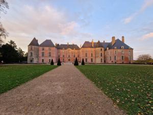 un gran castillo con un campo de hierba delante de él en Le grand logis de Meung Sur Loire, en Meung-sur-Loire