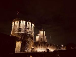 a large castle with two towers at night at LoveroomL1TIMISTE TAR in La Rochelle