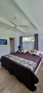 a bedroom with a large bed with a ceiling fan at Ocean Beach Town View - Infinity Pool in Avarua