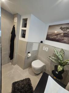 a bathroom with a toilet and a potted plant at Good Vibes Luxury Homes in Kaiserslautern