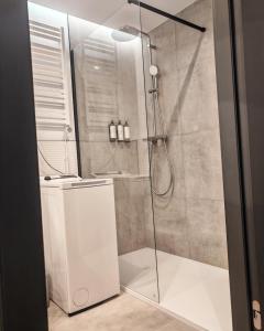 een douche met een glazen deur in een badkamer bij BalticJetSilverSea in Ustronie Morskie