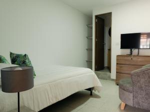 a bedroom with a bed and a chair and a television at Casa solare in Medellín