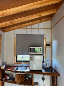 une cuisine avec un évier et un micro-ondes dans l'établissement Hostal patronal bypass el rosal k485, à Salto del Laja