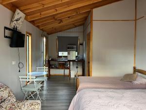 une chambre avec un lit et une chaise et une cuisine dans l'établissement Hostal patronal bypass el rosal k485, à Salto del Laja