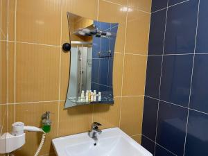 een badkamer met een wastafel en een spiegel bij Нивки плаза апартаменти in Kiev +113 foto's