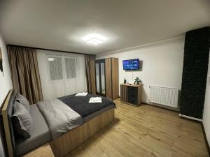 a bedroom with a bed and a tv on the wall at Central Studio in Piteşti