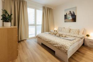 a bedroom with a bed and a large window at BNB Sklenarova Apartment with Balcony in Trnávka +31 photos