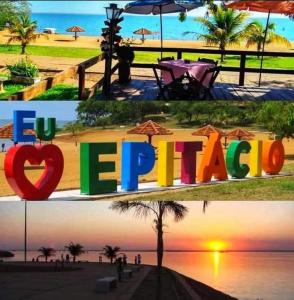 a collage of two pictures of a beach with the word break at Casa Aconchego in Presidente Epitácio