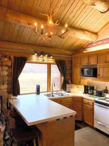 a kitchen with a stove and a sink in a cabin at Rocky Mountains Nature Escape: Amazing Log Cabin with a Hot Tub in Darby, MT in Peaks and Pines Park