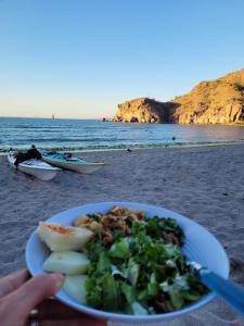 a person holding a plate of food on a beach at Avistamiento de Ballenas y Campamento Todo incluido!! Mínimo 3 noches en Mag Bay in Punta Cove