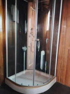 a glass shower in a room with a toilet at Titikaka Encantos Lodge in Puno
