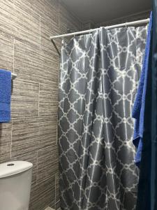 bagno con tenda per la doccia e servizi igienici di Cali-Ciudad del Campo Studio Apartment a Cali