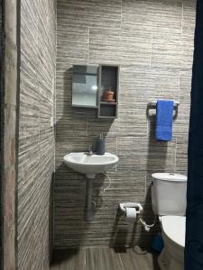 un bagno con lavandino e WC di Cali-Ciudad del Campo Studio Apartment a Cali