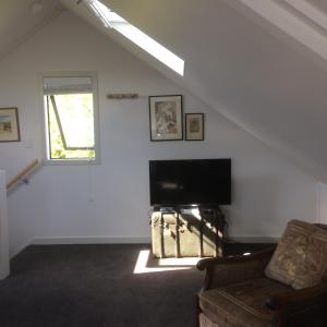 ein Wohnzimmer mit Sofa und Fernseher in der Unterkunft The Cottage at 95a - self contained, quiet and peaceful in Big Omaha + 10 Fotos