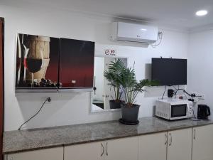 a kitchen with a counter with a microwave and a tv at Nadi Airport Transit Hotel in Nadi