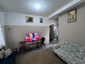 ein Wohnzimmer mit Fernseher und Sofa in der Unterkunft Casa Nhá Chica - Aparecida - a 10 minutos a pé do Santuário Nacional in Aparecida