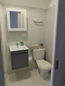 a bathroom with a toilet and a sink and a mirror at Beautiful apartment 5 minutes from the Historic Center in Cartagena de Indias