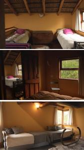 - deux photos d'une chambre avec deux lits et une fenêtre dans l'établissement Cabañas Bendita Tierra- Crespin, à Los Molles