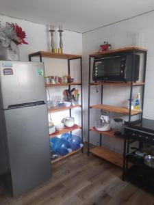 a kitchen with a refrigerator and a microwave at Cabaña entre eucaliptos en Huaquén 3D 1B más patio in Guaquen