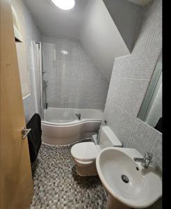ein Badezimmer mit Waschbecken, Toilette und Badewanne in der Unterkunft Cardiff City Apartment near Principality Stadium, Cardiff Arms Park & Cardiff Castle in Cardiff