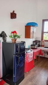 a kitchen with a refrigerator with flowers on top of it at Ariyana Sky Suites in Matara