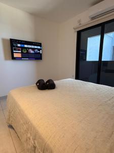 una camera da letto con un letto con due cuscini sopra di Capibara 4 - Imponente vista al Río a Corrientes