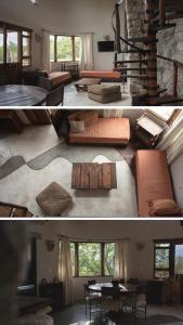 deux photos d'un salon avec une table dans l'établissement Cabañas Bendita Tierra - Calandrias, à Los Molles