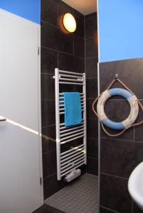 レーベルにあるFerienwohnungen Malowのバスルーム(シャワー、青いタオル付)