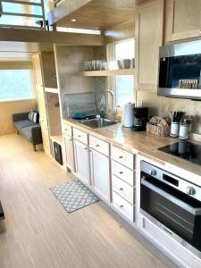 グランドジャンクショ​​ンにあるSecluded Tiny House Oasis in Grand Junction Perfect for Experiencing Nature in Comfortのシンクとコンロのあるキッチン トップオーブン