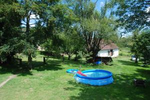 a backyard with a large blue tub in the grass at Penzion Stáj Návary in Návary