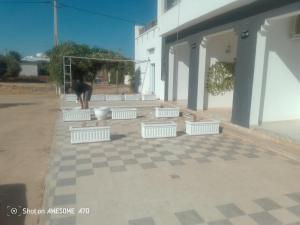 a dog standing in front of a building at Christiana 7 Midoun in Midoun
