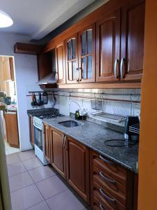 a kitchen with wooden cabinets and a counter top at Villa Anto in Encarnación